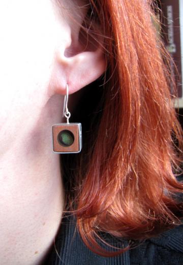 Earrings Silver, Pink Ivory wood and Emerald Nerite : $31