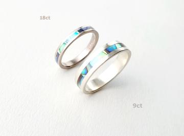 Wedding Band Ring, White Gold inlaid Paua Abalone Mother of Pearl inlay