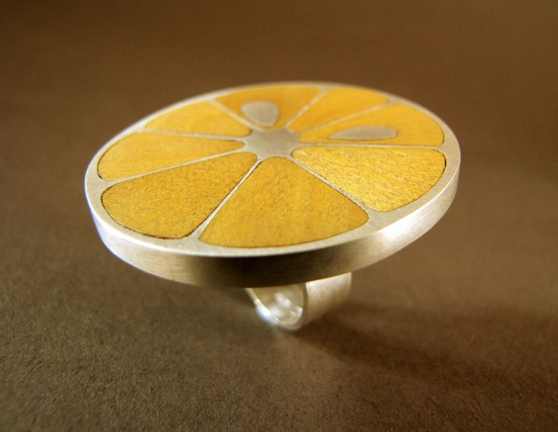 Lemon Slice Ring in Piquia Amerello wood and silver : $525